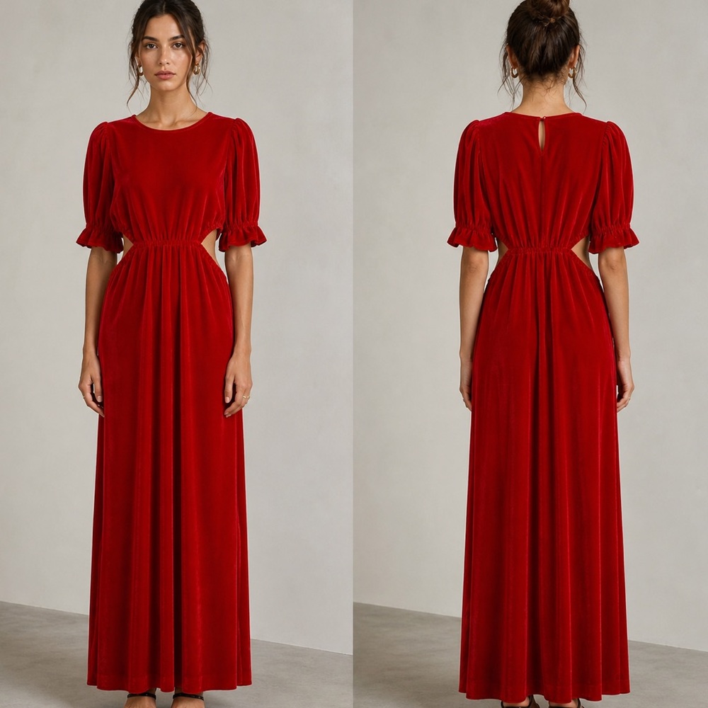 THE ODELLS Red Velvet Smocked Maxi Dress